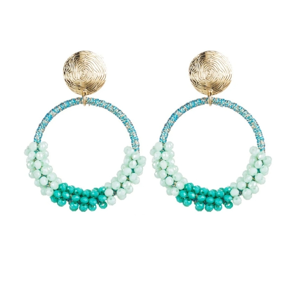 Teal Beaded Hoop Post Earring